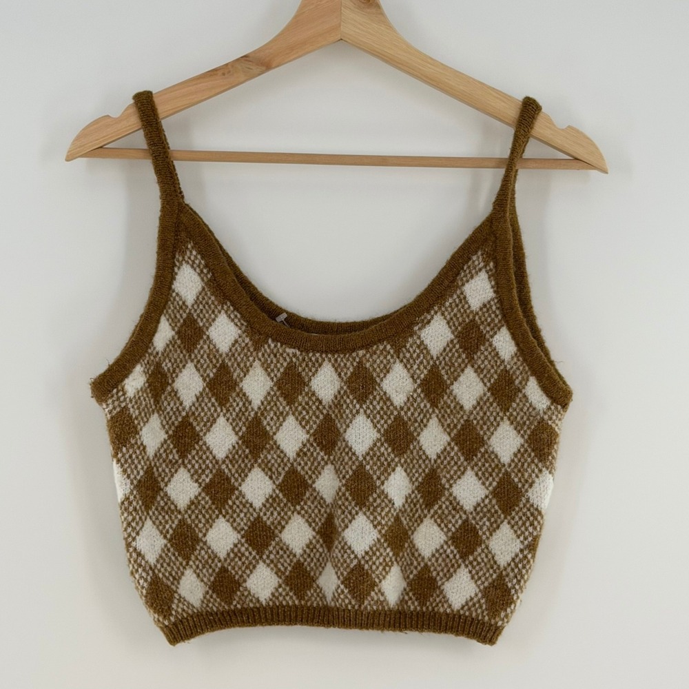 Zara Argyle Knit Top Brown White Size Medium